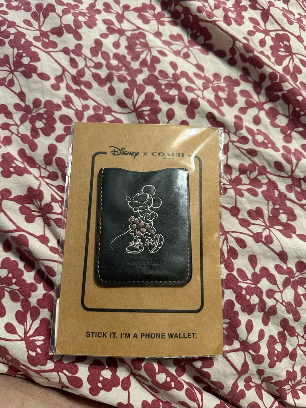Coach Disney Black Leather Stick-On Phone Wallet with Embossed Mickey